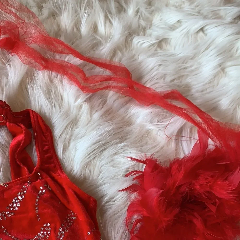 Kids Red velvet sequin and feather tap outfit